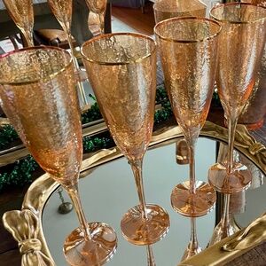 Anthropologie 4 hand blown iridescent  champagne flutes Zaza honey luster NIB